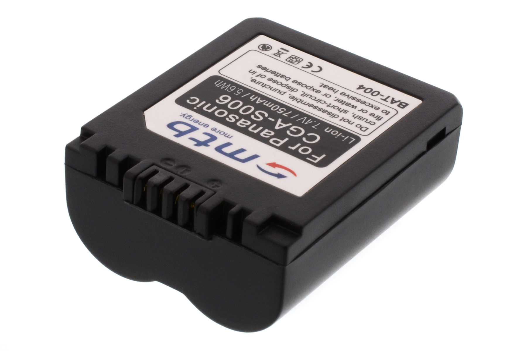 Eine schwarze Batterie für Panasonic CGA-S006 mit weißem Text auf weißem Hintergrund. Enthält Warnhinweise.