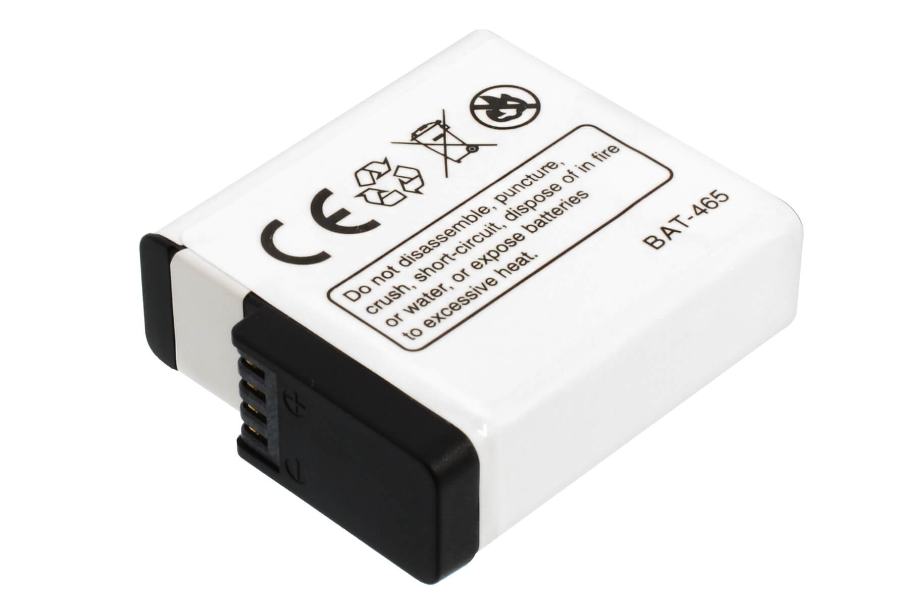 Eine weiße Batterie mit Text und schwarzen Anschlüssen.