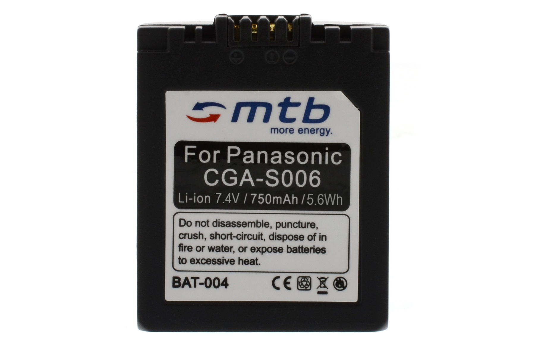 Schwarze Batterie mit weißem Text und CE-Zeichen. Sie trägt die Marke "mtb" und "für Panasonic".