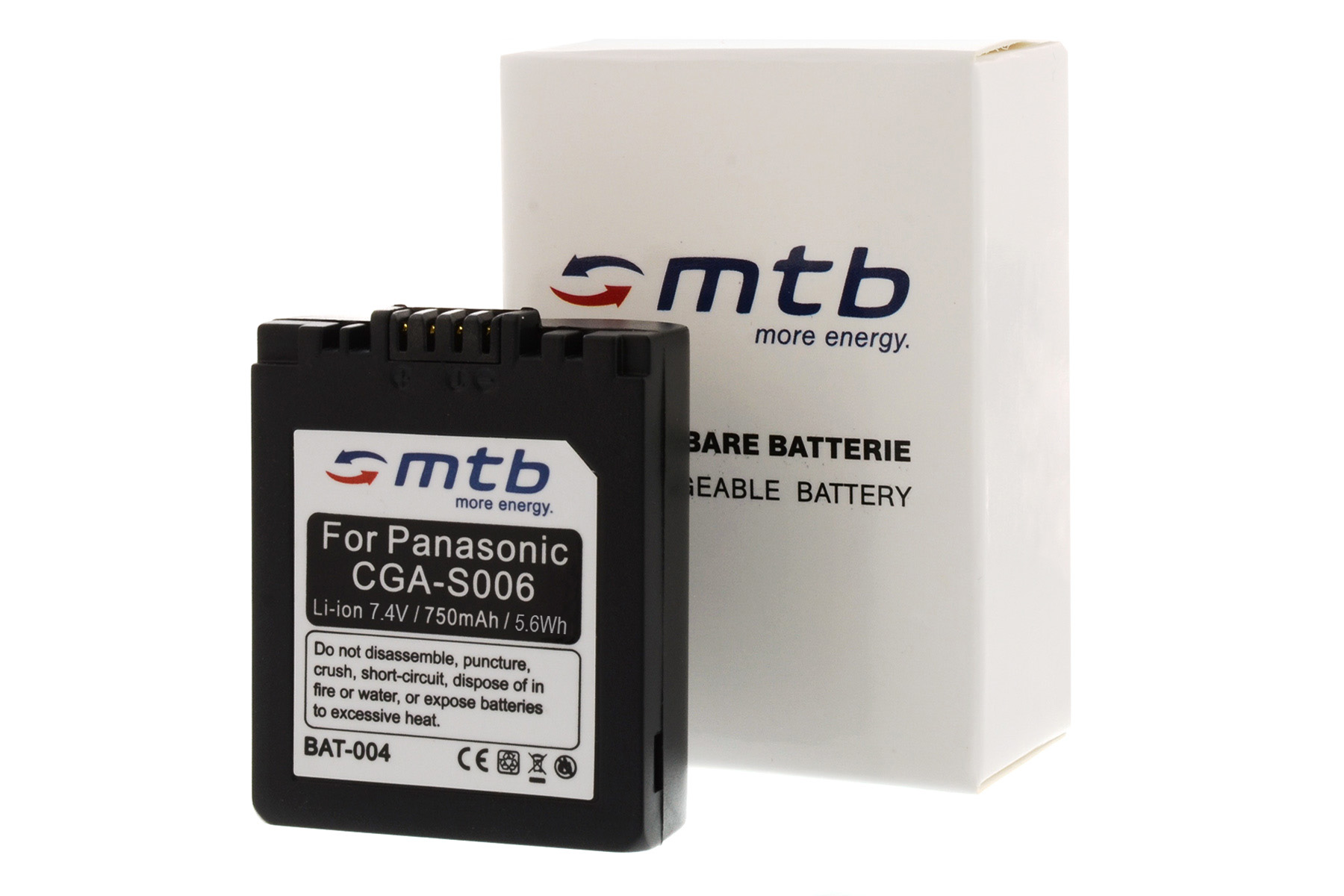 Schwarzer Akku mit weißer Box. Text auf dem Akku: Für Panasonic CGA-S006. mtb more energy.