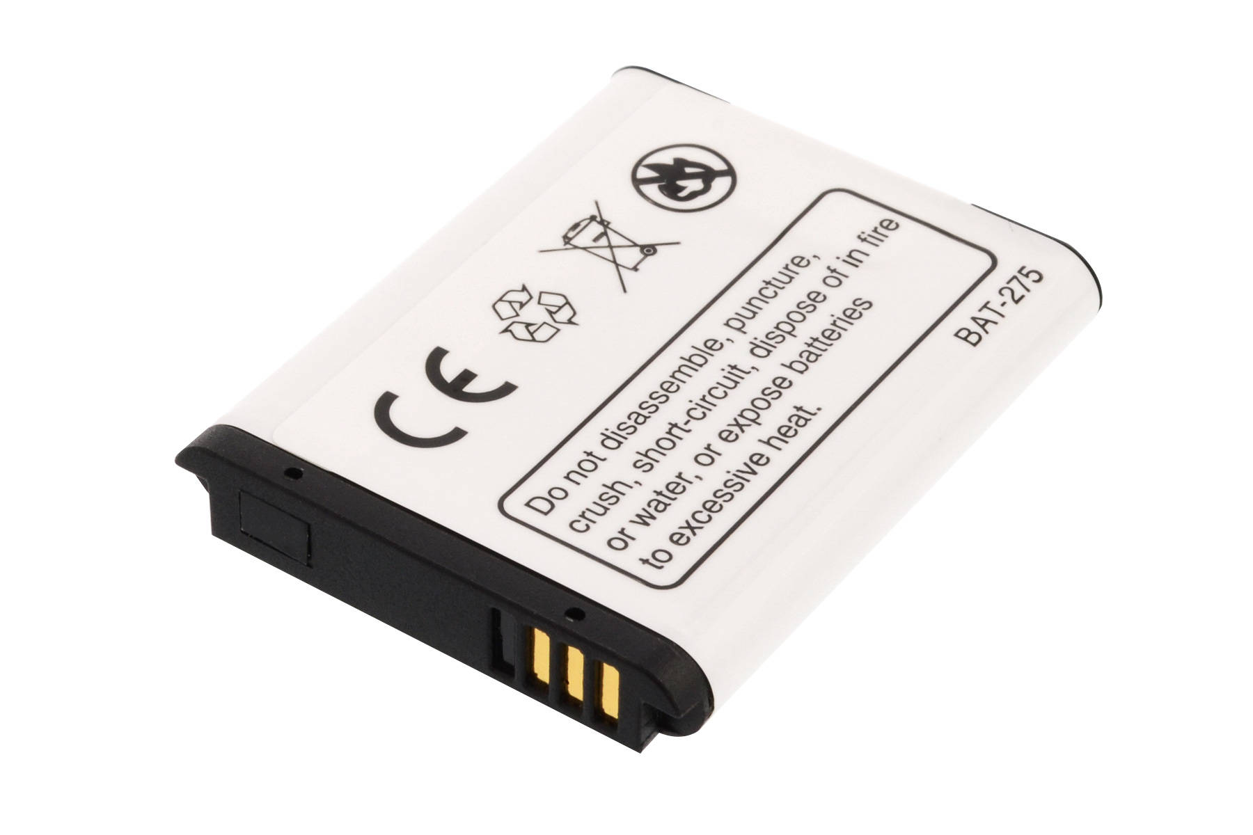 Eine kleine, weiße, rechteckige Batterie mit Text und Symbolen.