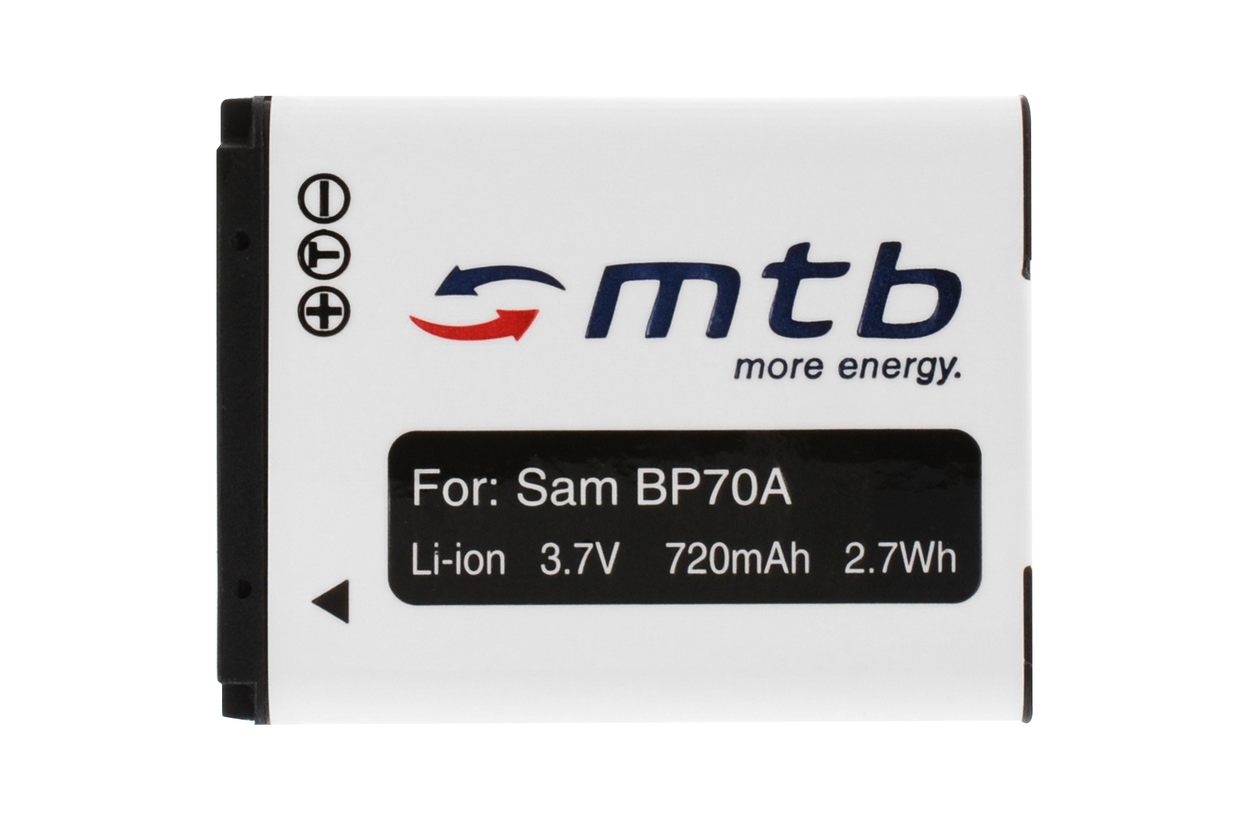 Weiße Batterie mit schwarzem und rotem Text. Es steht 'mtb more energy' und 'For: Sam BP70A'.