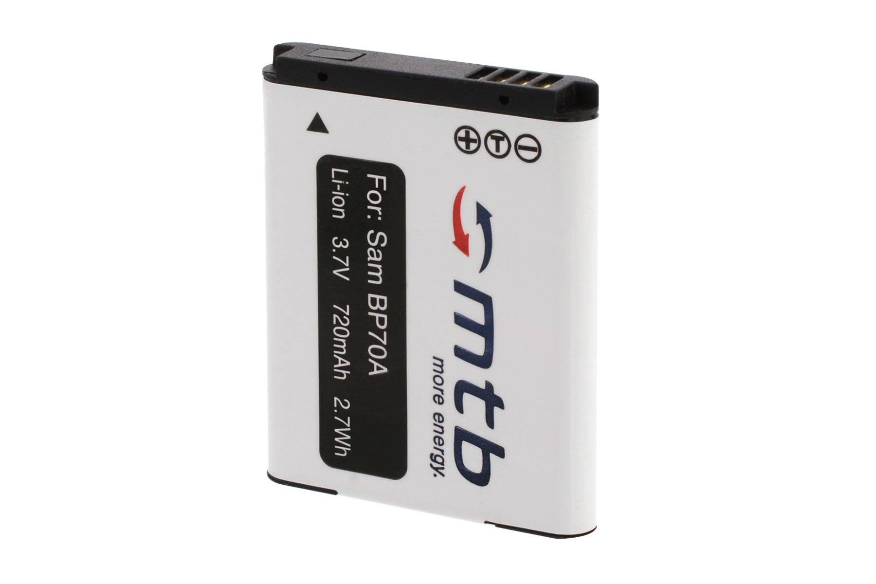 Weiße Batterie mit schwarzem Text und einem rot-blauen Logo, isoliert auf Weiß.