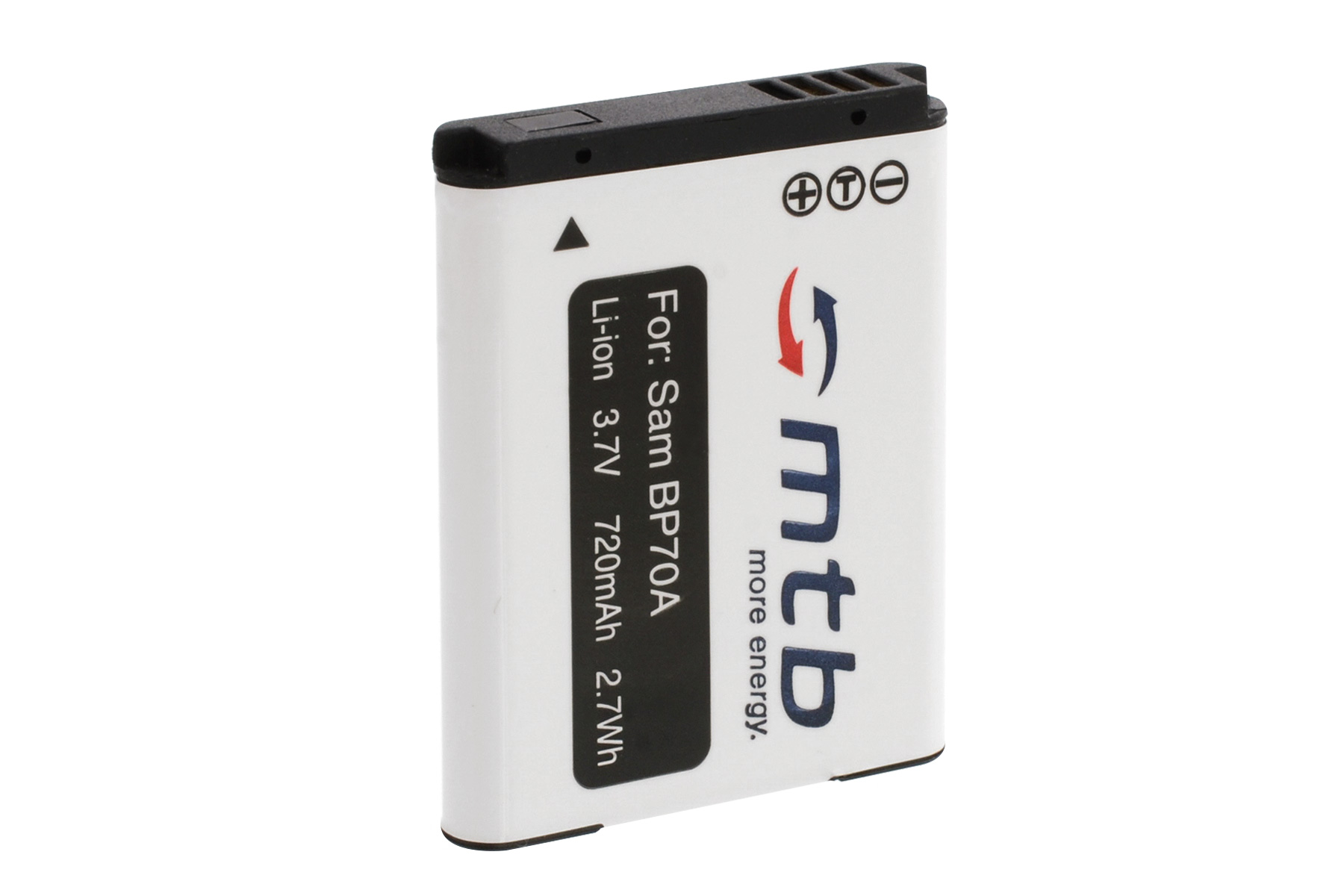 Weiße Batterie mit schwarzem Deckel, Text und roten und blauen Pfeilen. Weißer Hintergrund.