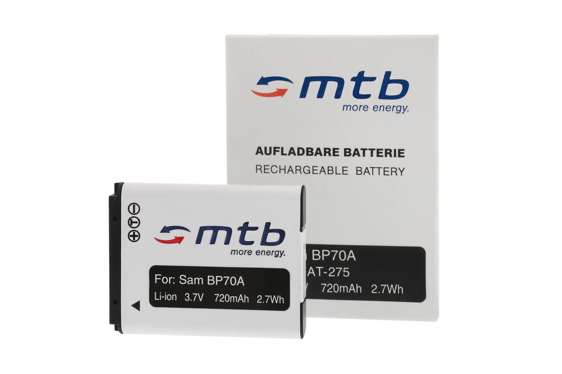 Weiße Batterie mit Text und eine Box mit dem gleichen Logo und Text auf weißem Hintergrund.