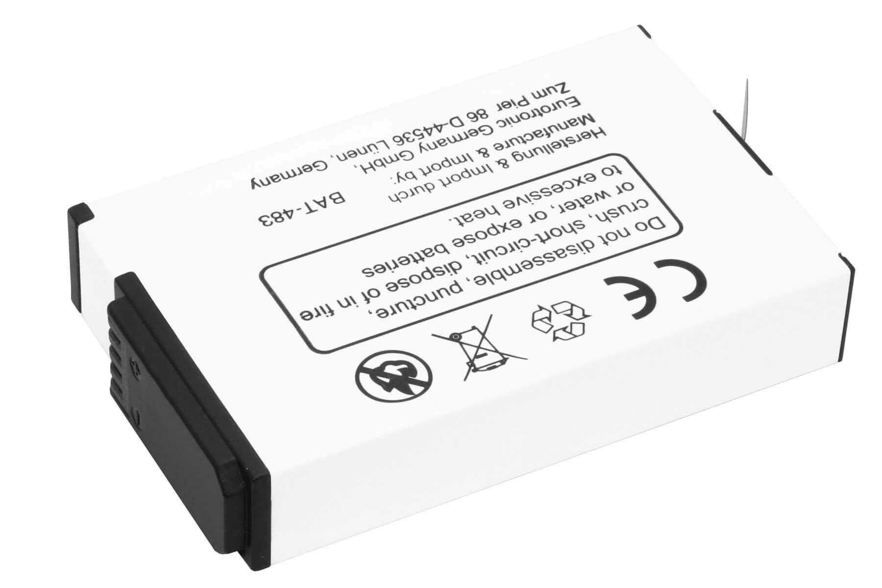 Weiße Batterie mit Warnhinweis.