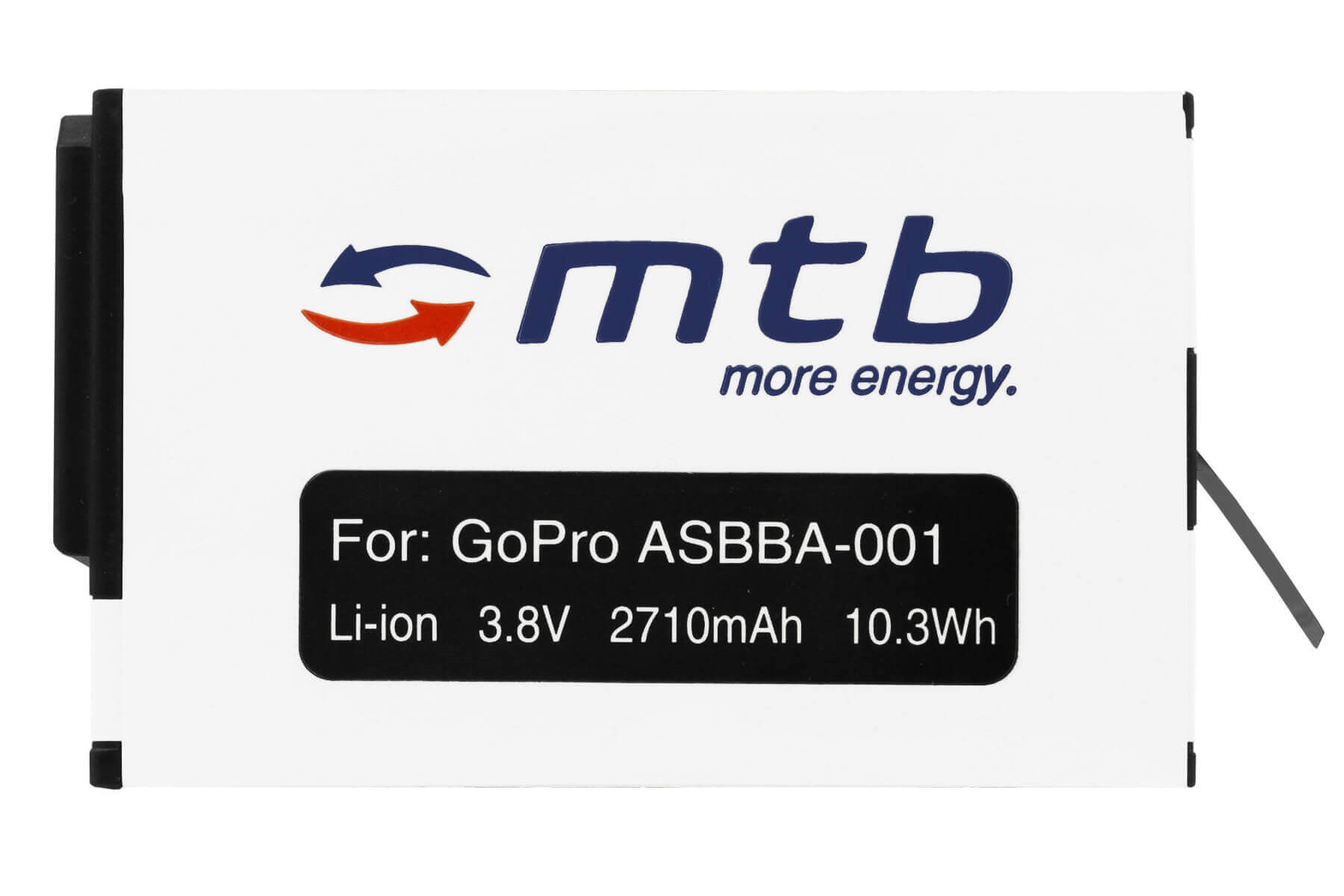 Weiße und schwarze MTB-Batterie für GoPro. Etikett mit Infos. Schwarzer Hintergrund.