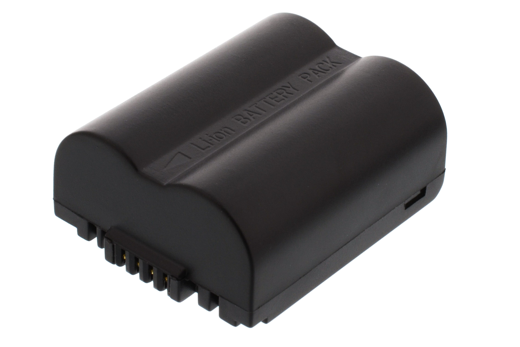 Schwarzer Akku mit Metallkontakten. Der Akku ist mit 'Li-ion Battery Pack' beschriftet.