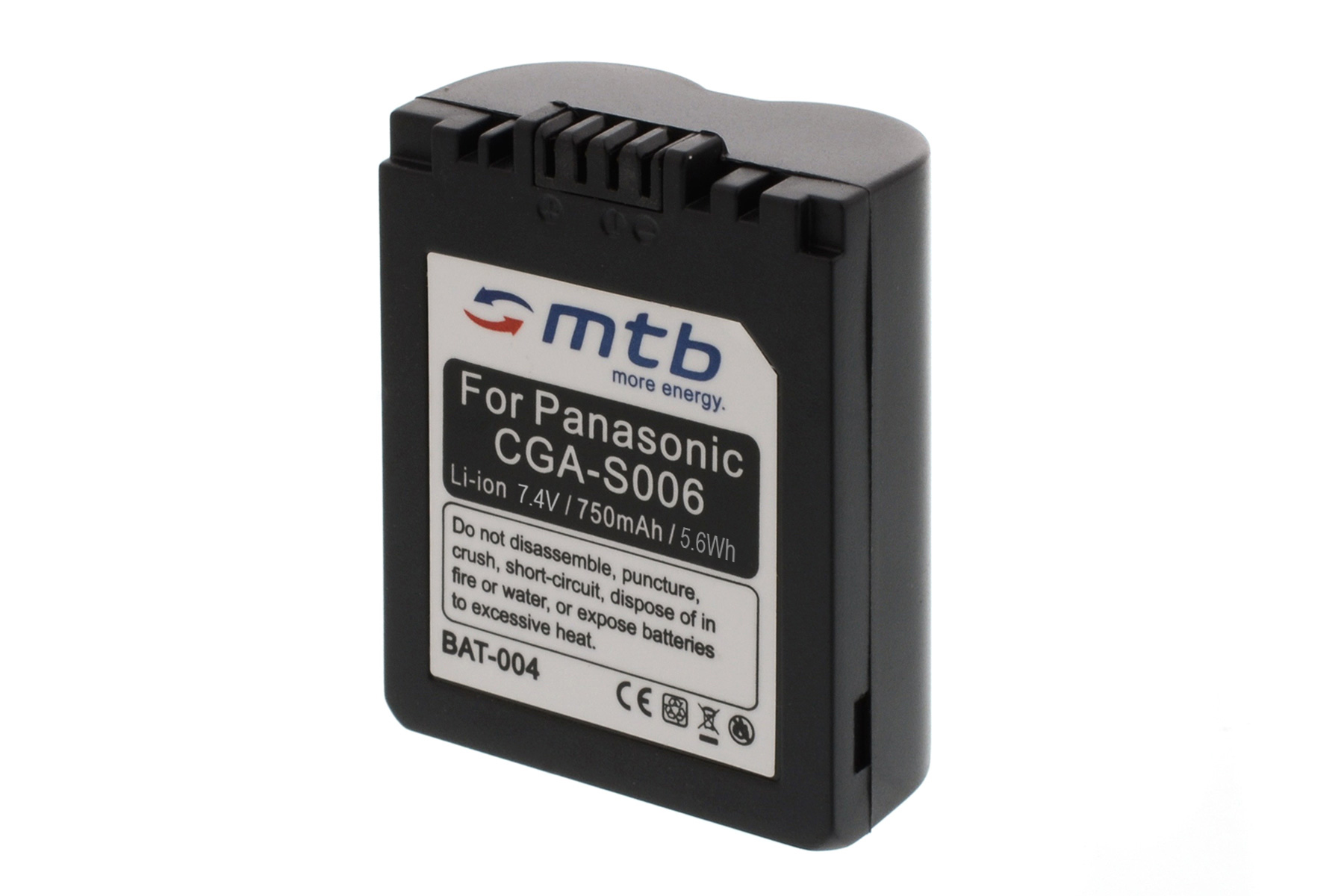 Schwarze Batterie mit Etikett: Für Panasonic CGA-S006, Li-Ion 7,4 V. Weißer Hintergrund.