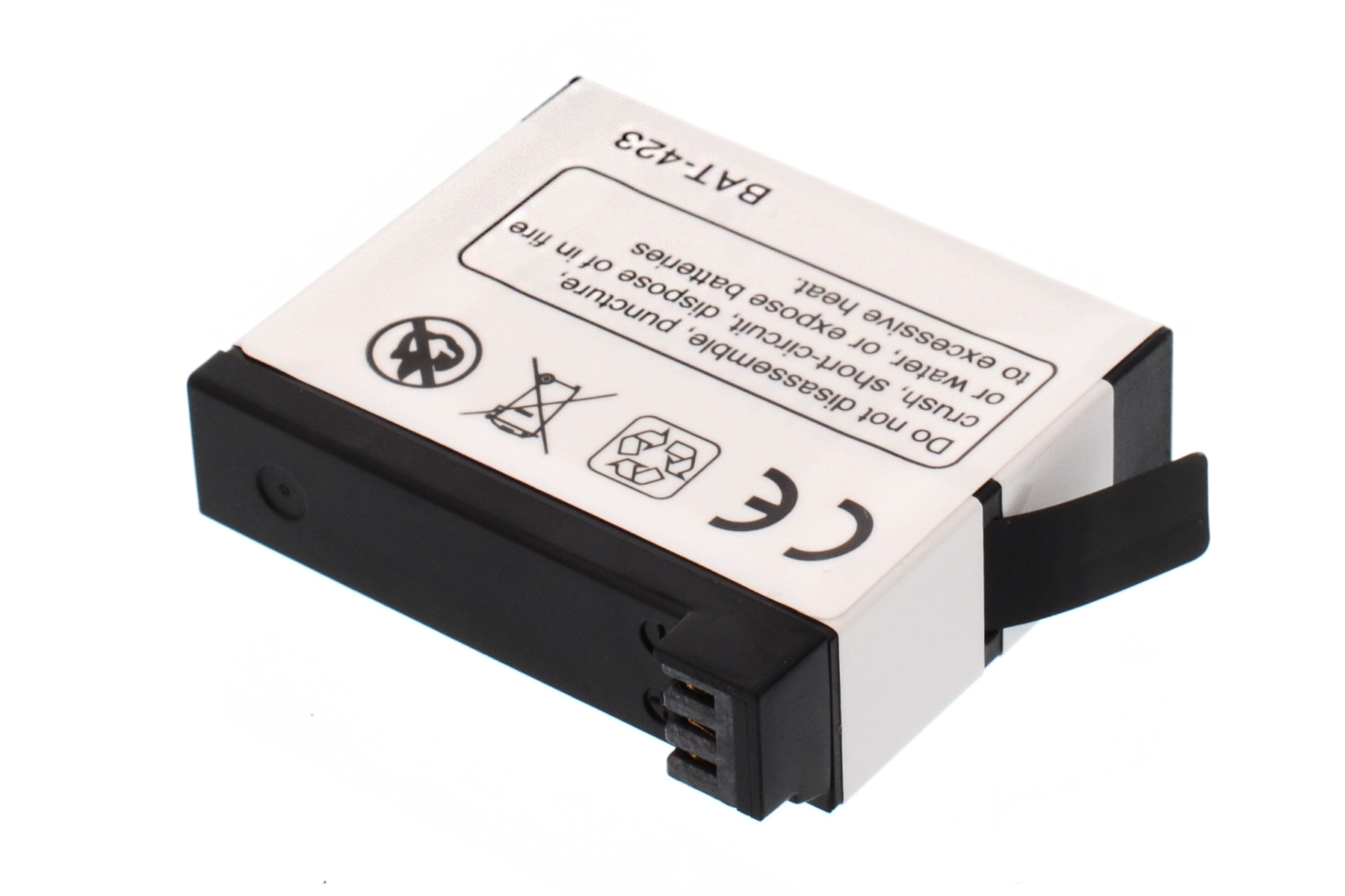 Eine kleine schwarze Batterie, weißes Etikett mit Text 'BAT-423' und Sicherheitssymbolen.