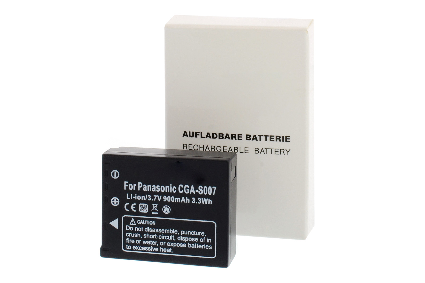 Schwarzer Panasonic-Akku mit weißer Box, Text: wiederaufladbare Batterie. Details zu den Akkuspezifikationen.