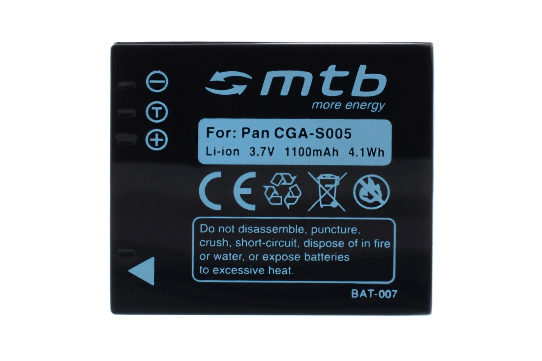 Schwarze Batterie mit weißem Text und Warnungen. Für Pan CGA-S005 gekennzeichnet.