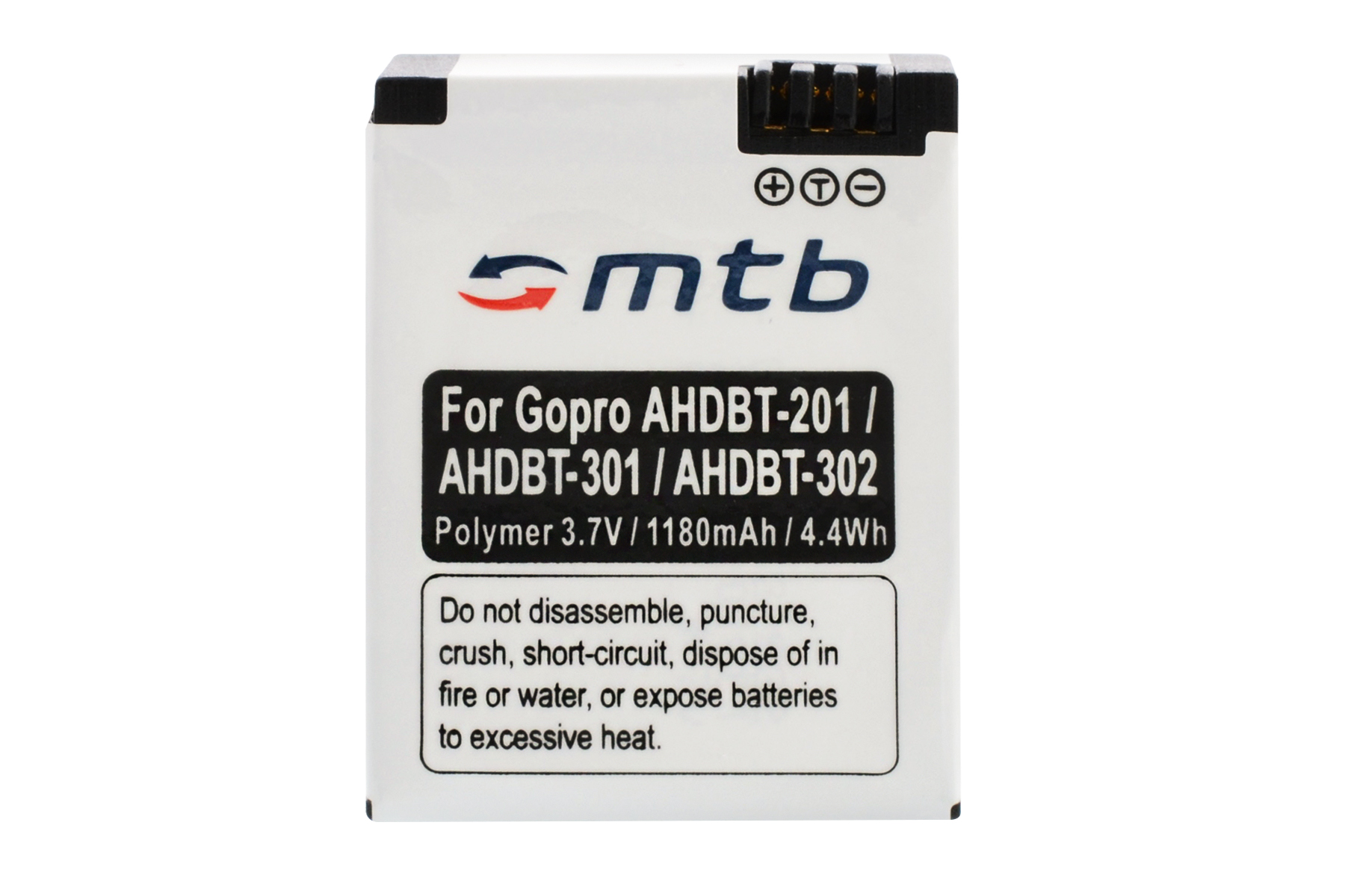 Weißer Akku mit schwarzem Etikett. Es lautet 'For GoPro AHD... Polymer 3.7V 1180mAh'.