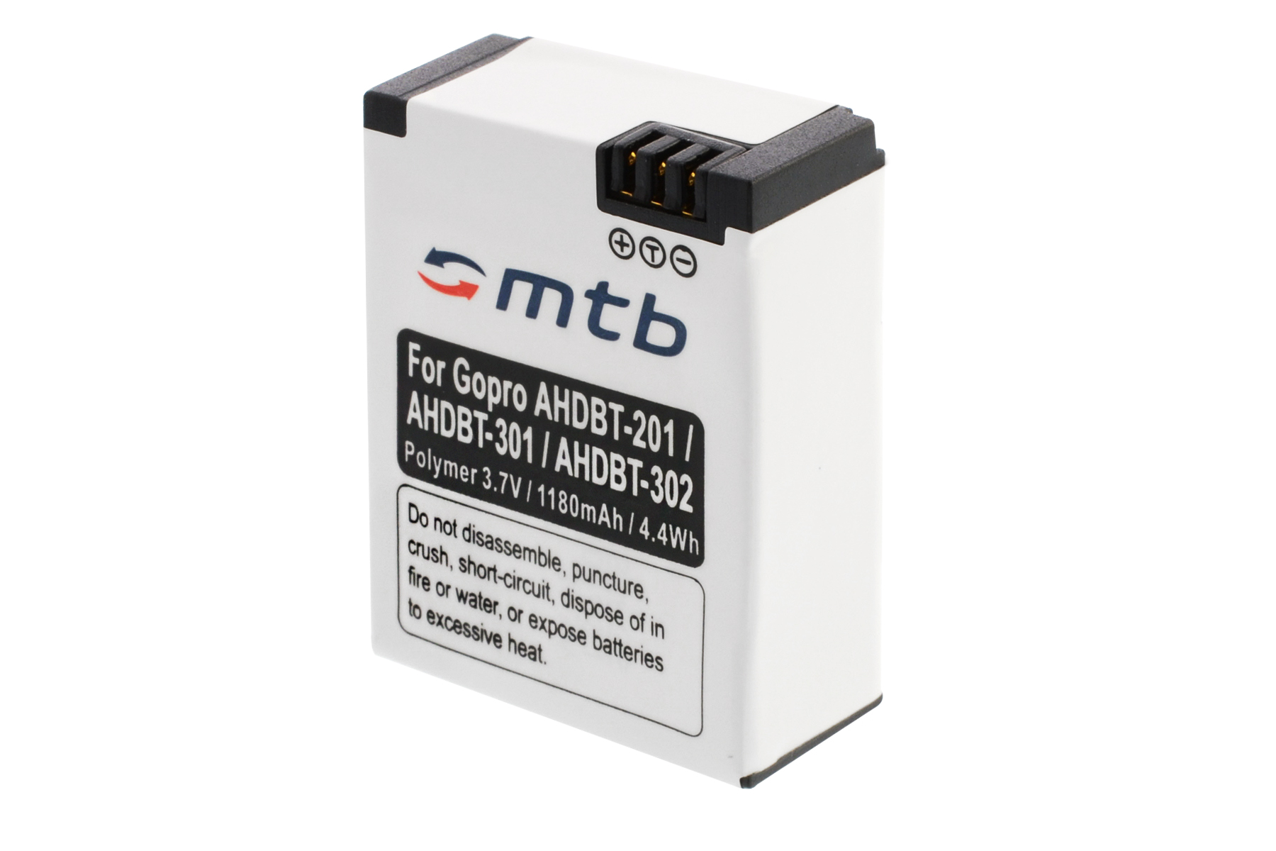 Weiße GoPro-Batterie mit schwarzer Oberseite. MTB-Logo und Text sind aufgedruckt.