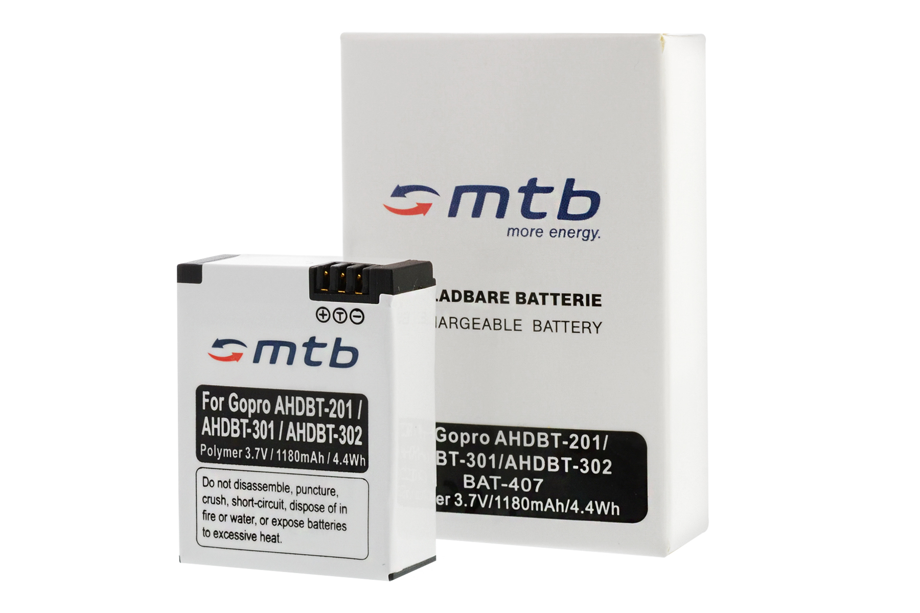 Zwei weiße Boxen und ein Akku. Die Box hat das MTB-Logo und Batterieanweisungen.