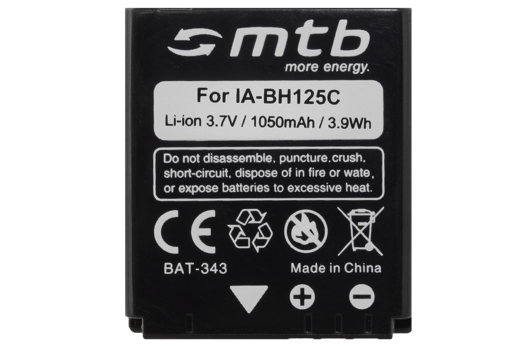 Schwarze Batterie mit der Aufschrift 'mtb more energy', mit Warnungen und Spezifikationen.