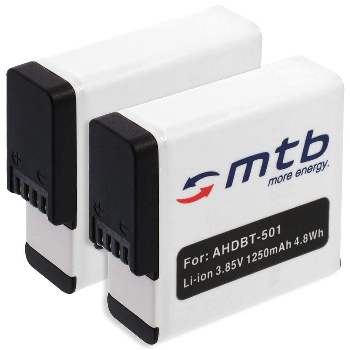 Zwei weiße Batterien mit mtb-Logo und der Aufschrift For: AHDBT-501, Li-ion 3,85V 1250mAh 4,8Wh.