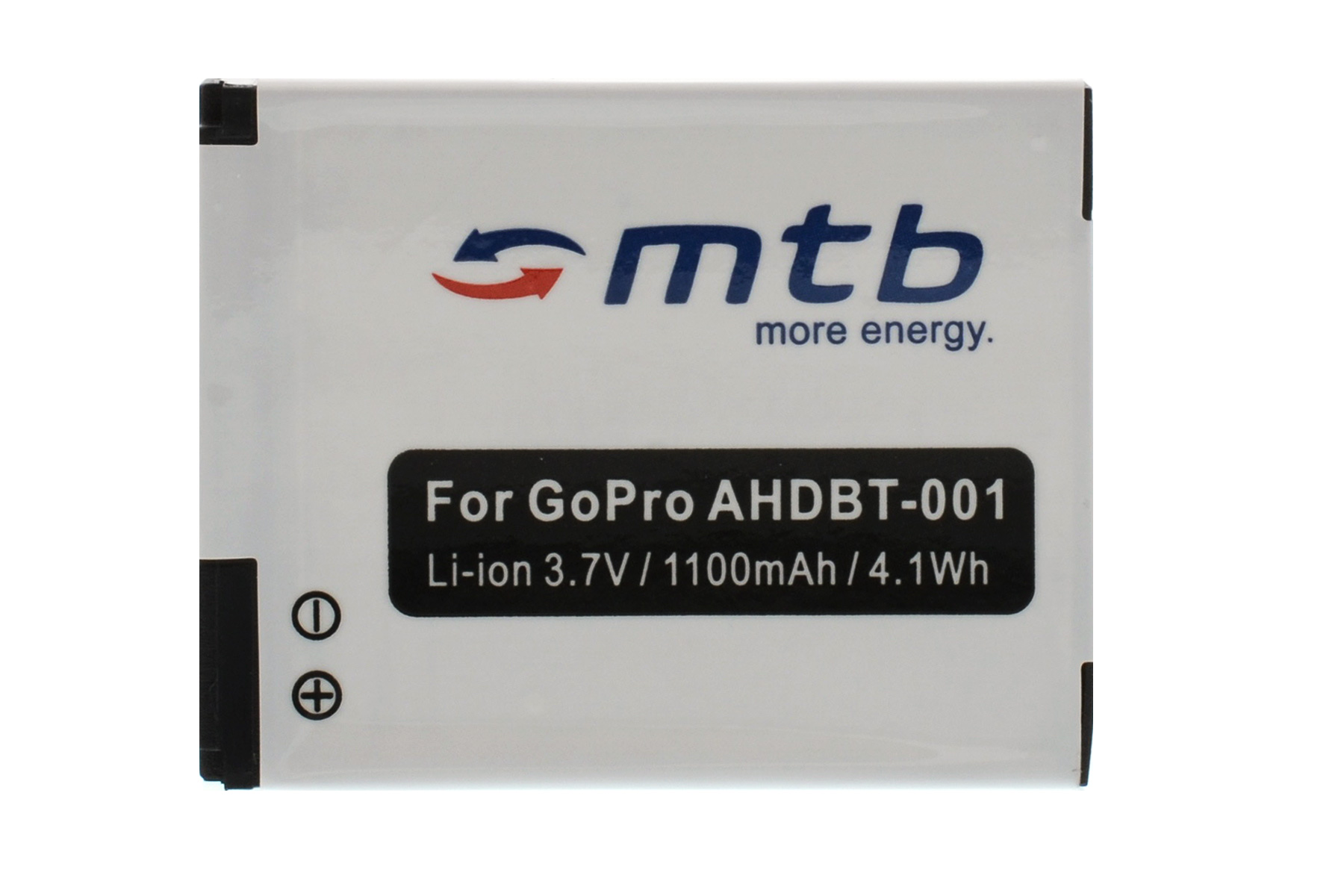 Weiße Batterie für GoPro-Kamera mit schwarzem Text und Logo.