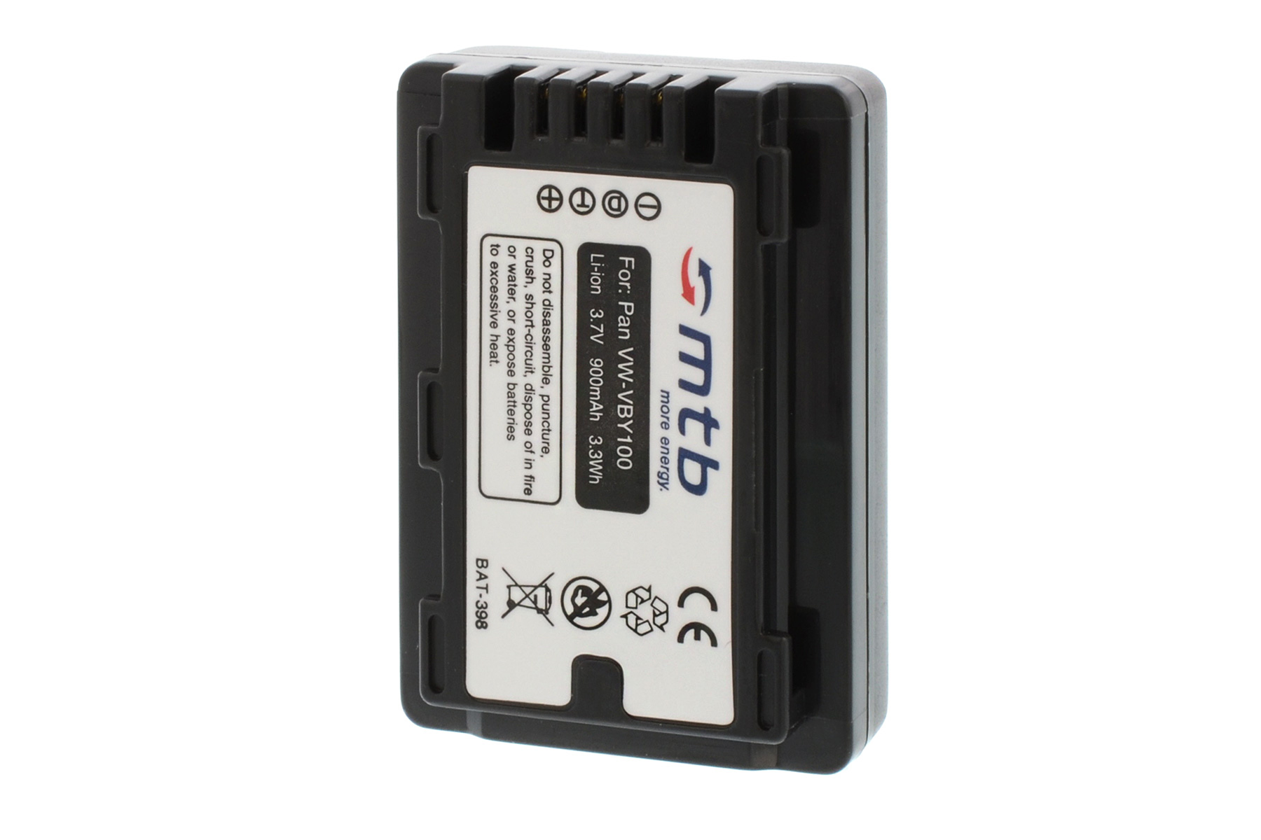 Schwarzer Akku mit weißem Text. "mtb more energy" Logo. Schwarzes Kunststoffgehäuse. Isoliert auf weißem Hintergrund.