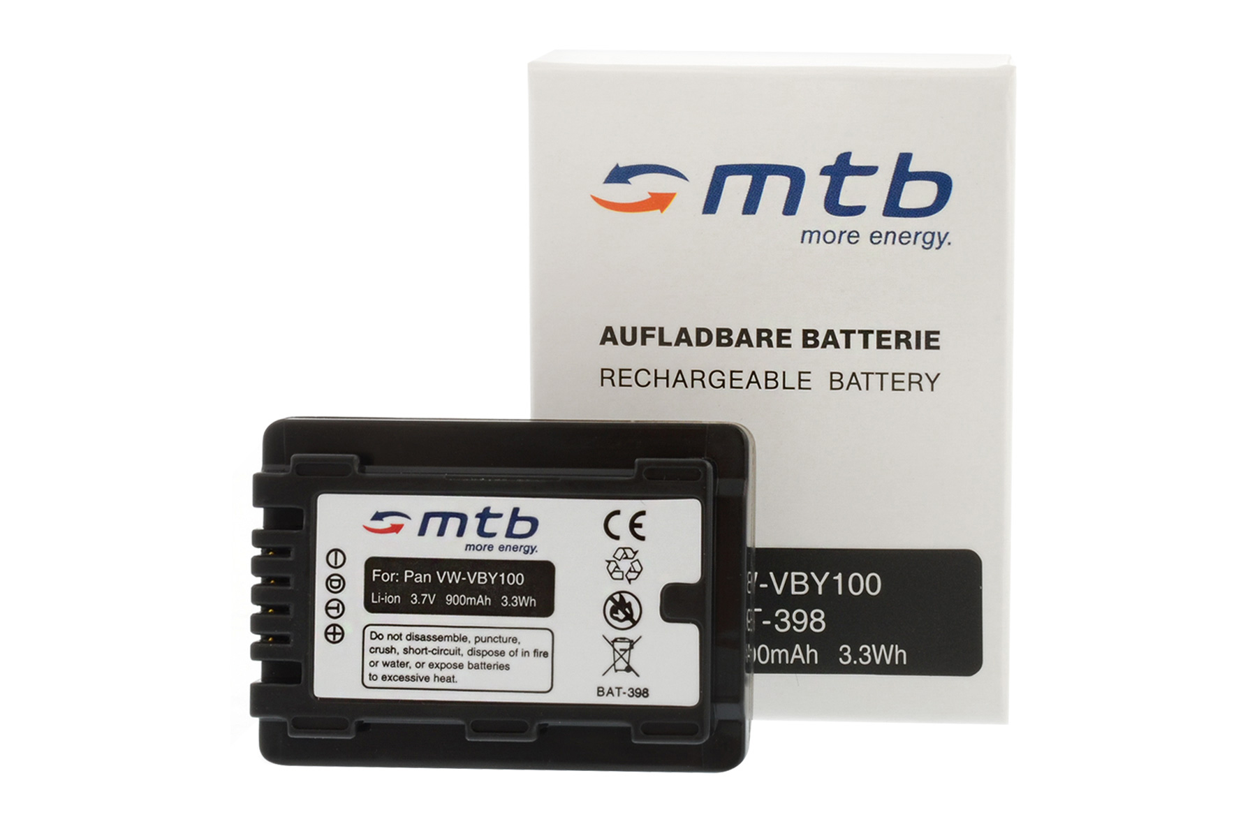 Schwarzer Akku, mit Text: 'mtb more energy', und eine weiße Box mit Text.