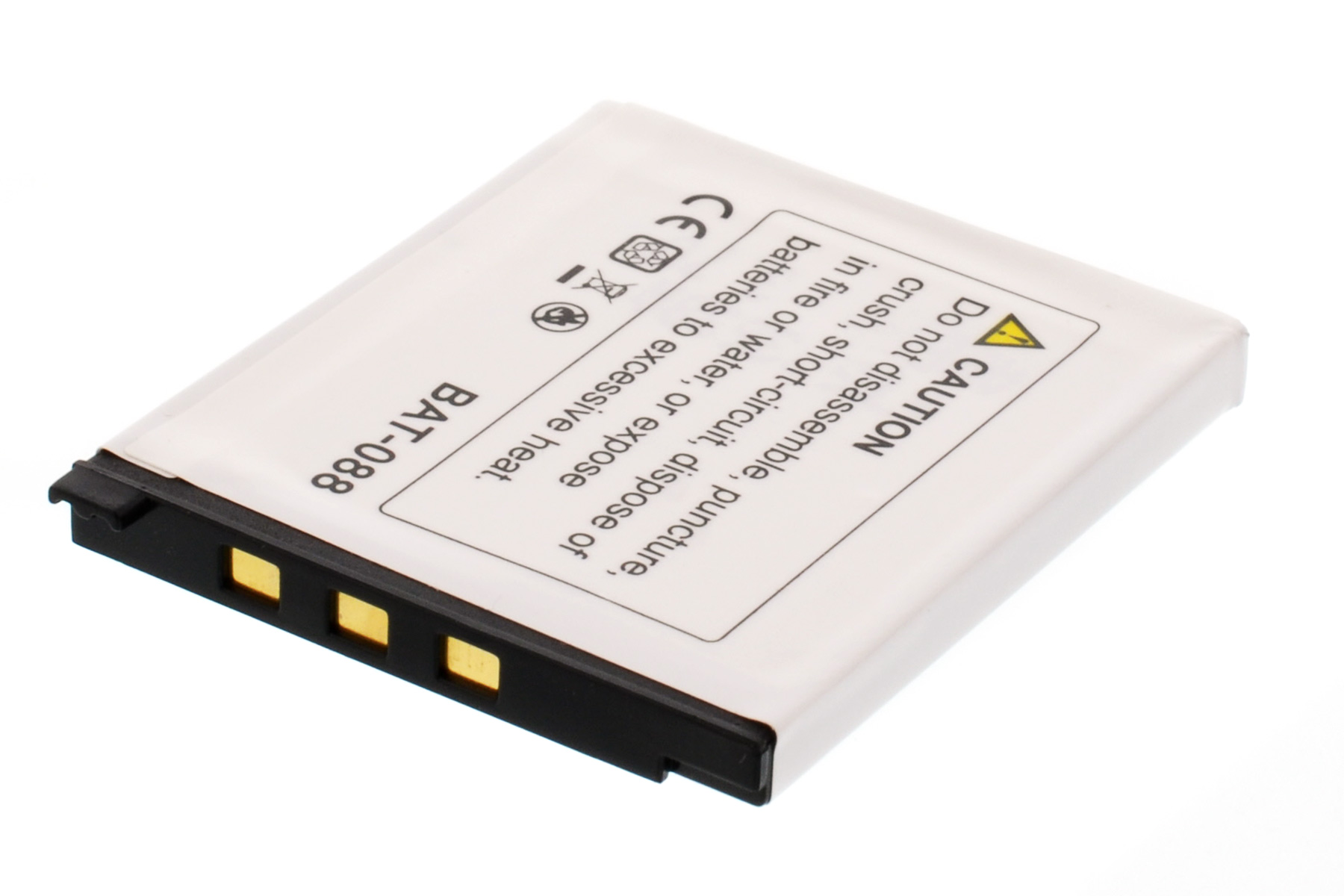 Eine weiße Batterie mit einem Warnhinweis und dem Text 'BAT-088' auf weißem Hintergrund.