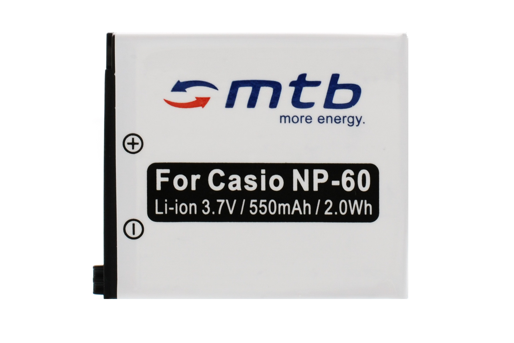 Ein weißer Akku mit der Aufschrift 'For Casio NP-60'. Er hat Logos und technische Details.