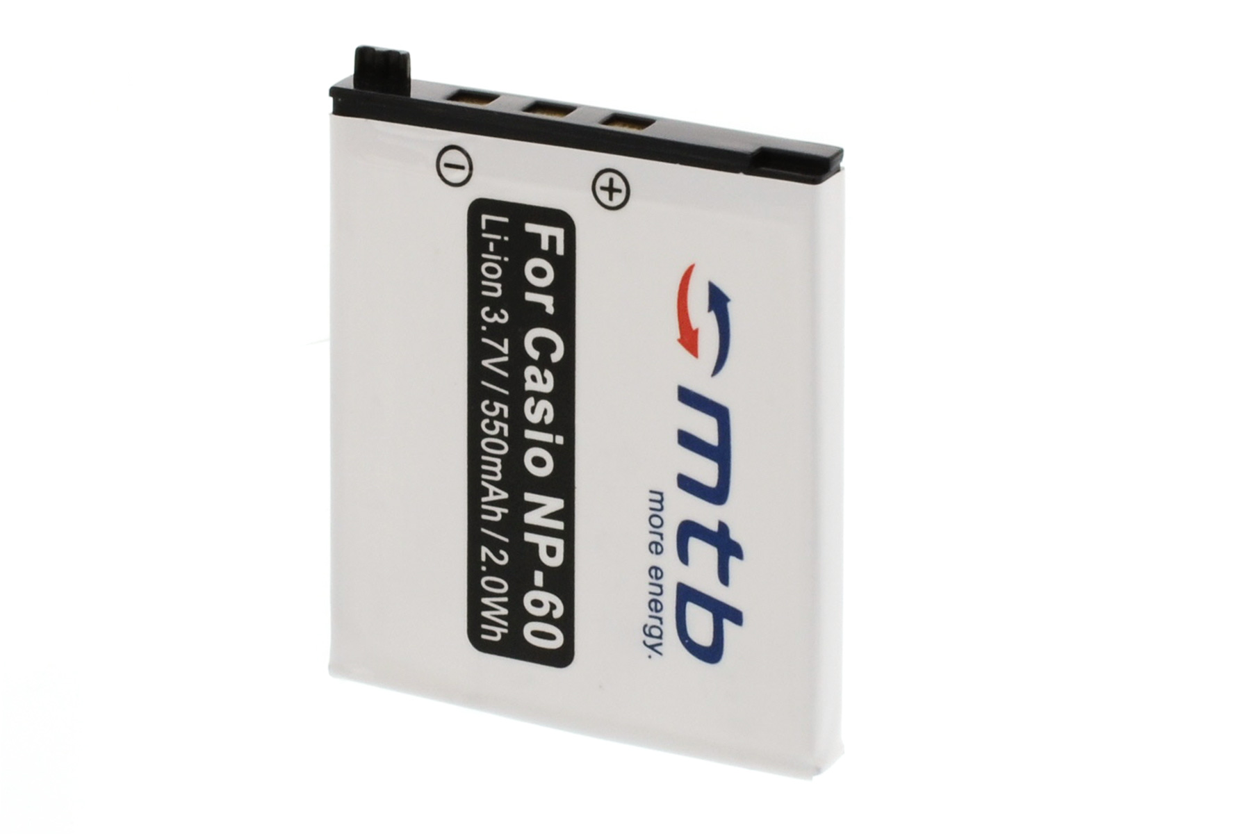 Weiße Batterie mit schwarzem Text und weißem Hintergrund. Für Casio NP-60 Batterie.