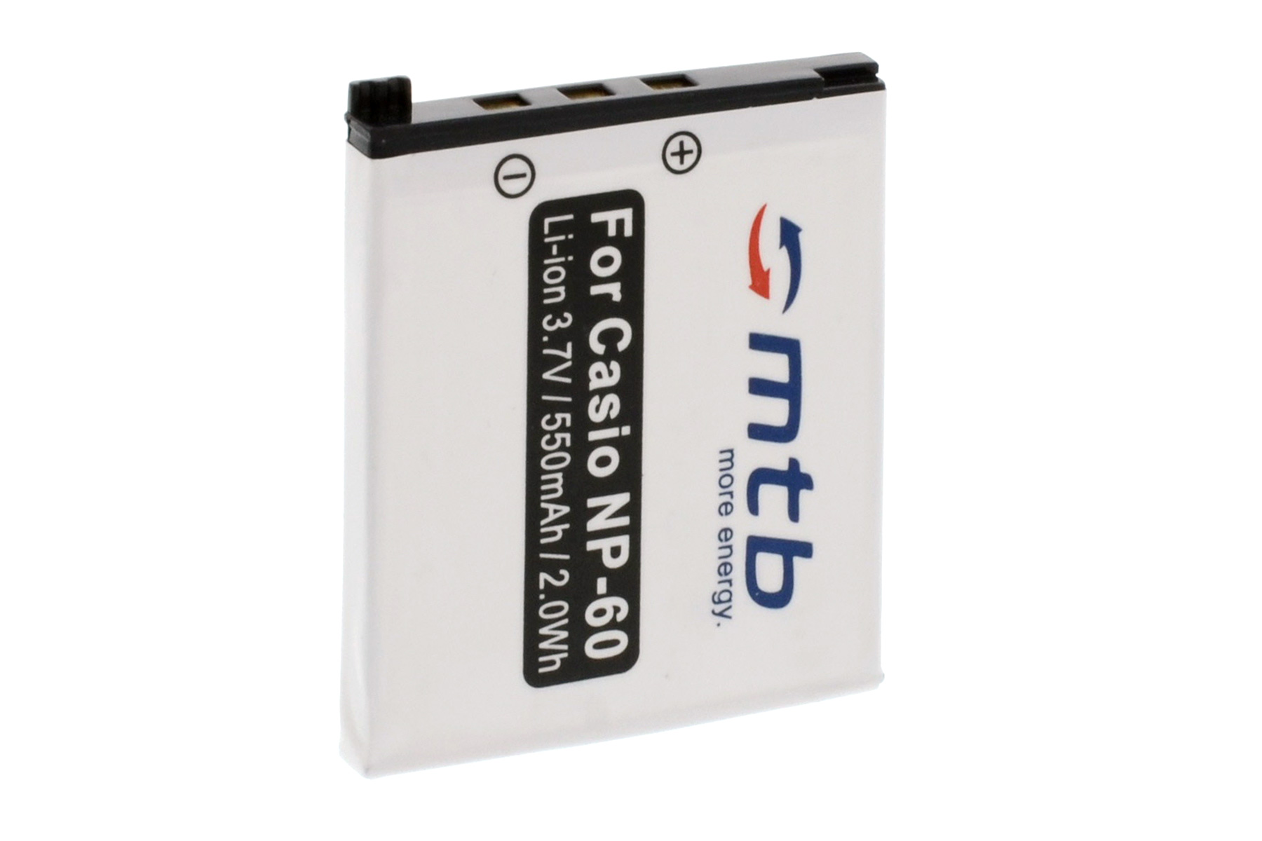 Weiße Kamera-Batterie mit Text und Plus/Minus-Symbolen.