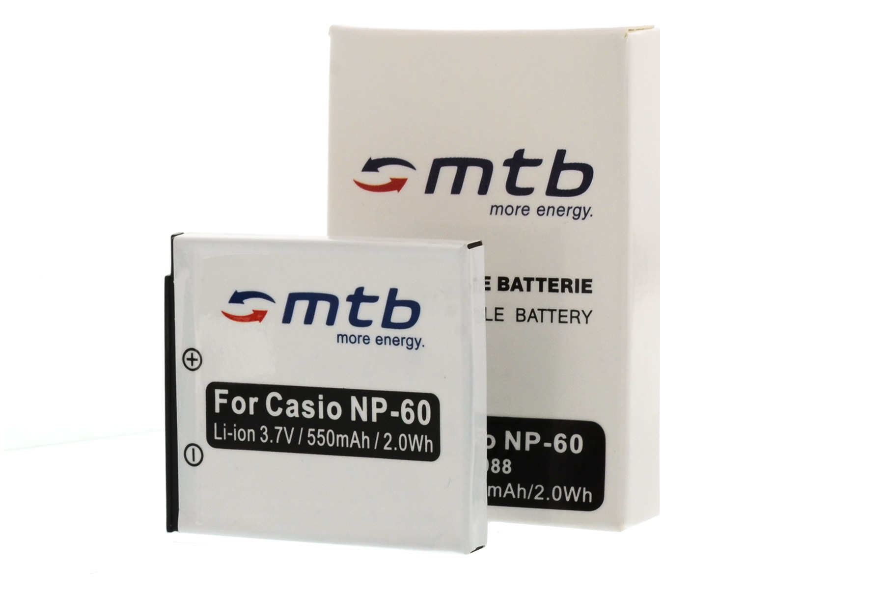 Weiße Batterie mit Aufschrift 'mtb more energy'. Text sagt 'For Casio NP-60'. Zeigt auch die Batteriebox.