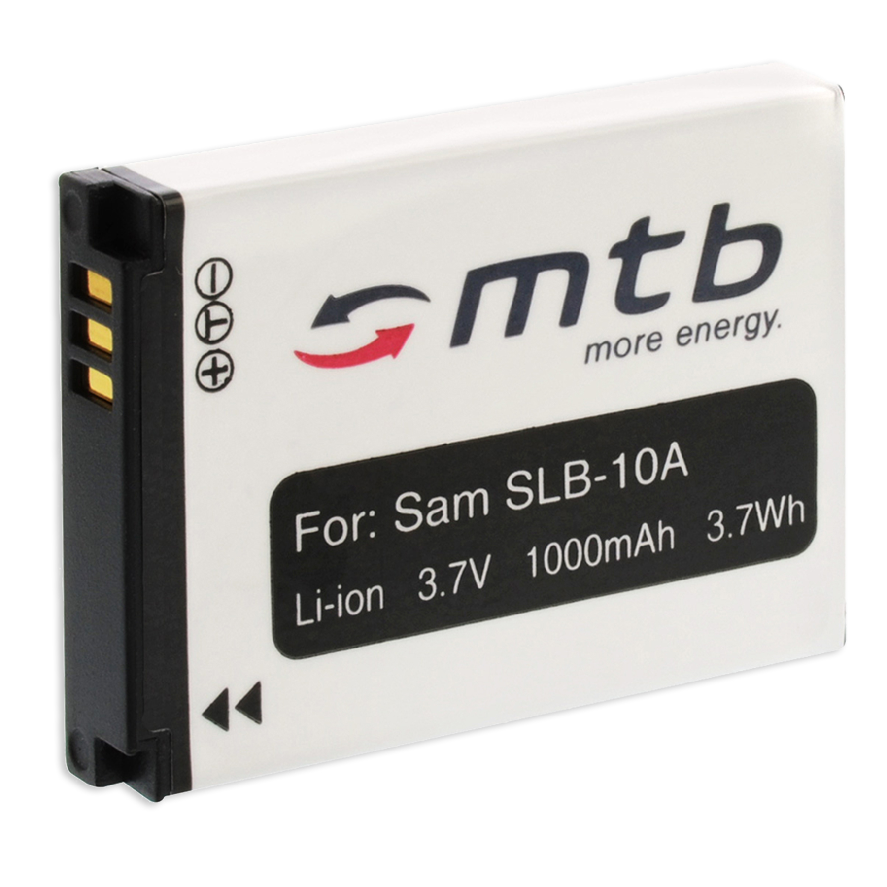 Weiß-schwarzer Akku, Text: Für: Sam SLB-10A, Li-Ion 3,7V 1000mAh.