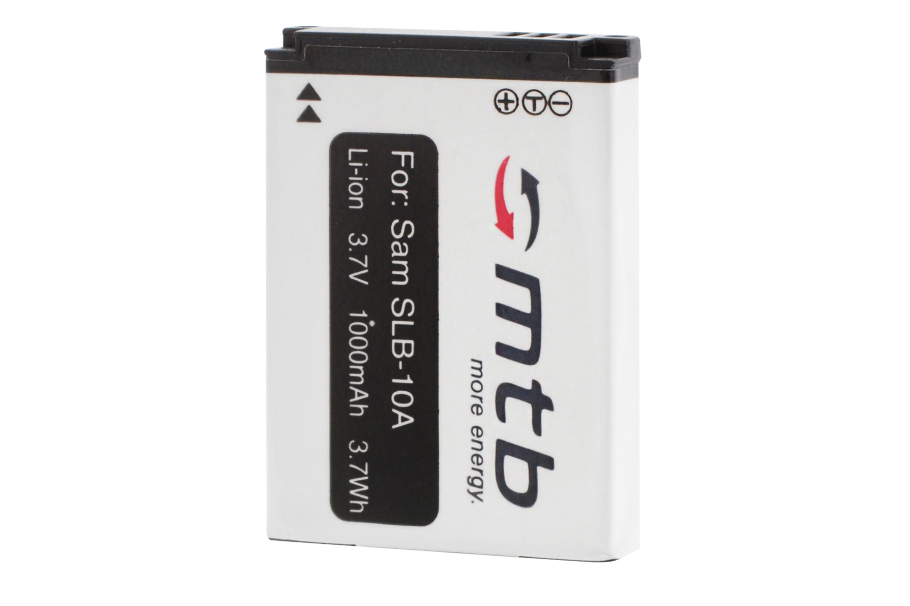 Weiße Batterie mit der Aufschrift 'For: Sam SLB-10A'. Schwarz-rotes Logo rechts.