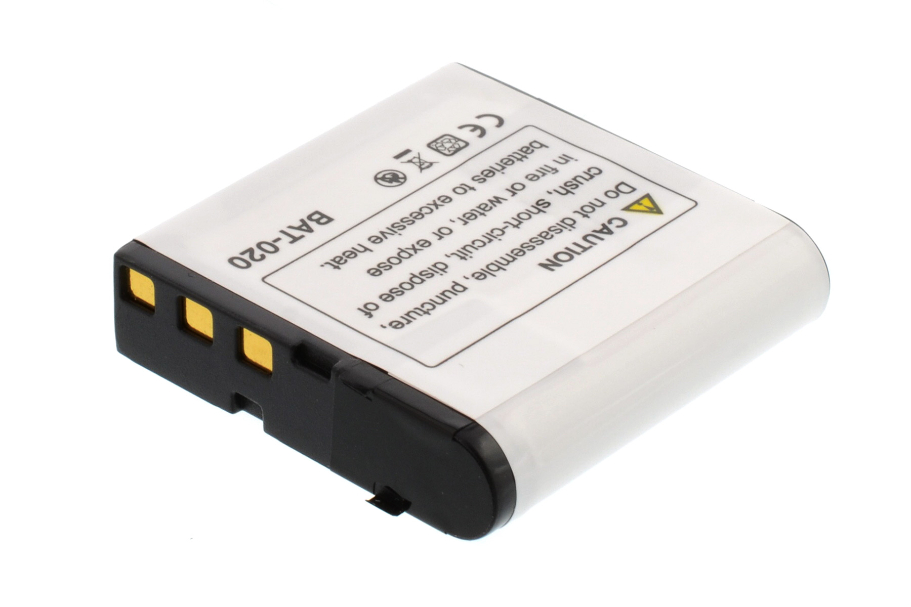 Eine weiße und schwarze Batterie mit Goldkontakten. Auf der Batterie steht BAT-020 und Warnhinweise.