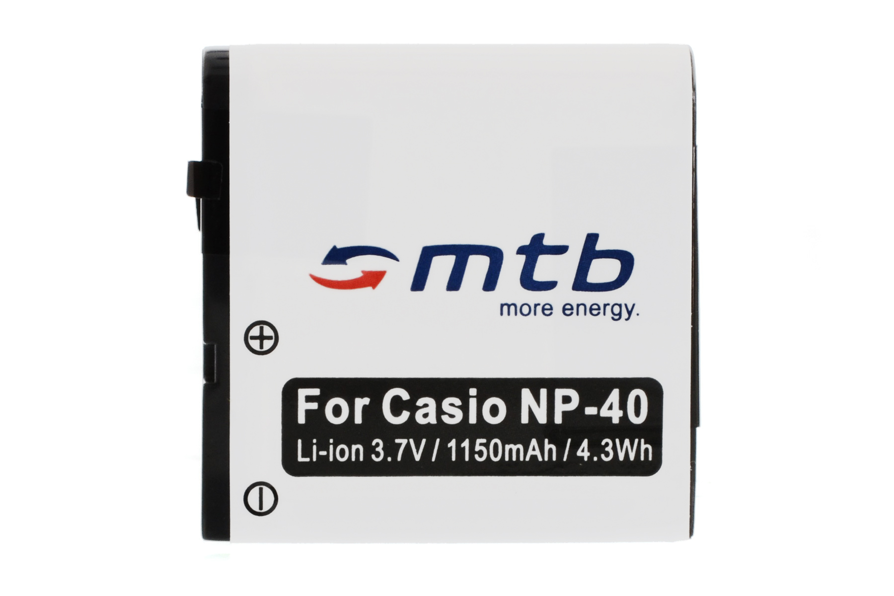 Weiße Batterie mit schwarzen Rändern, Marke "mtb", für Casio NP-40. Mit + und - Symbolen.