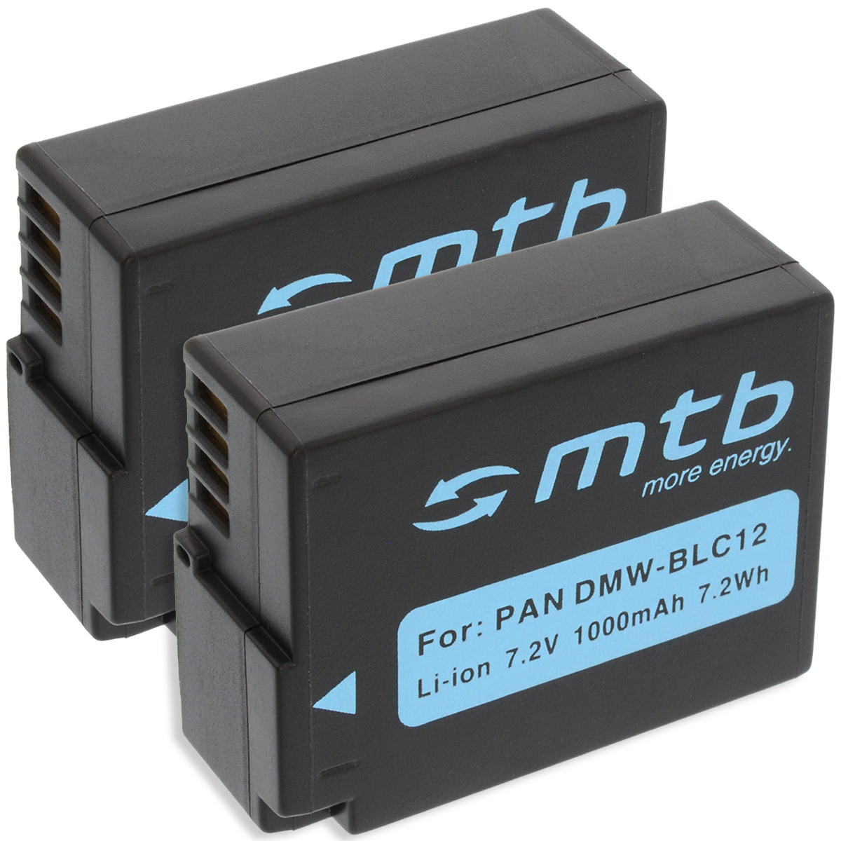 Zwei schwarze Batterien mit weißem Text: 'mtb', 'more energy' und Spezifikationen.