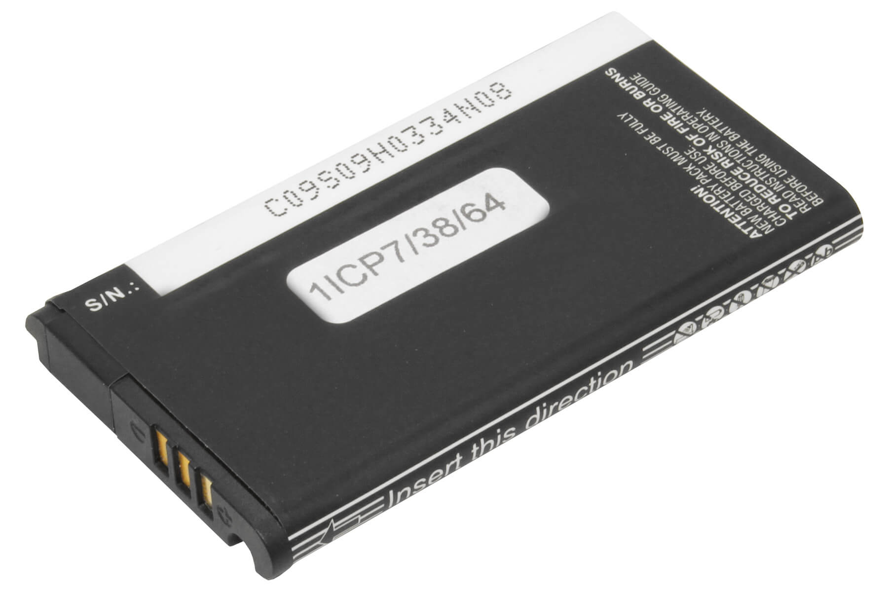 Schwarze Batterie mit weißem Text und goldenen Kontakten.