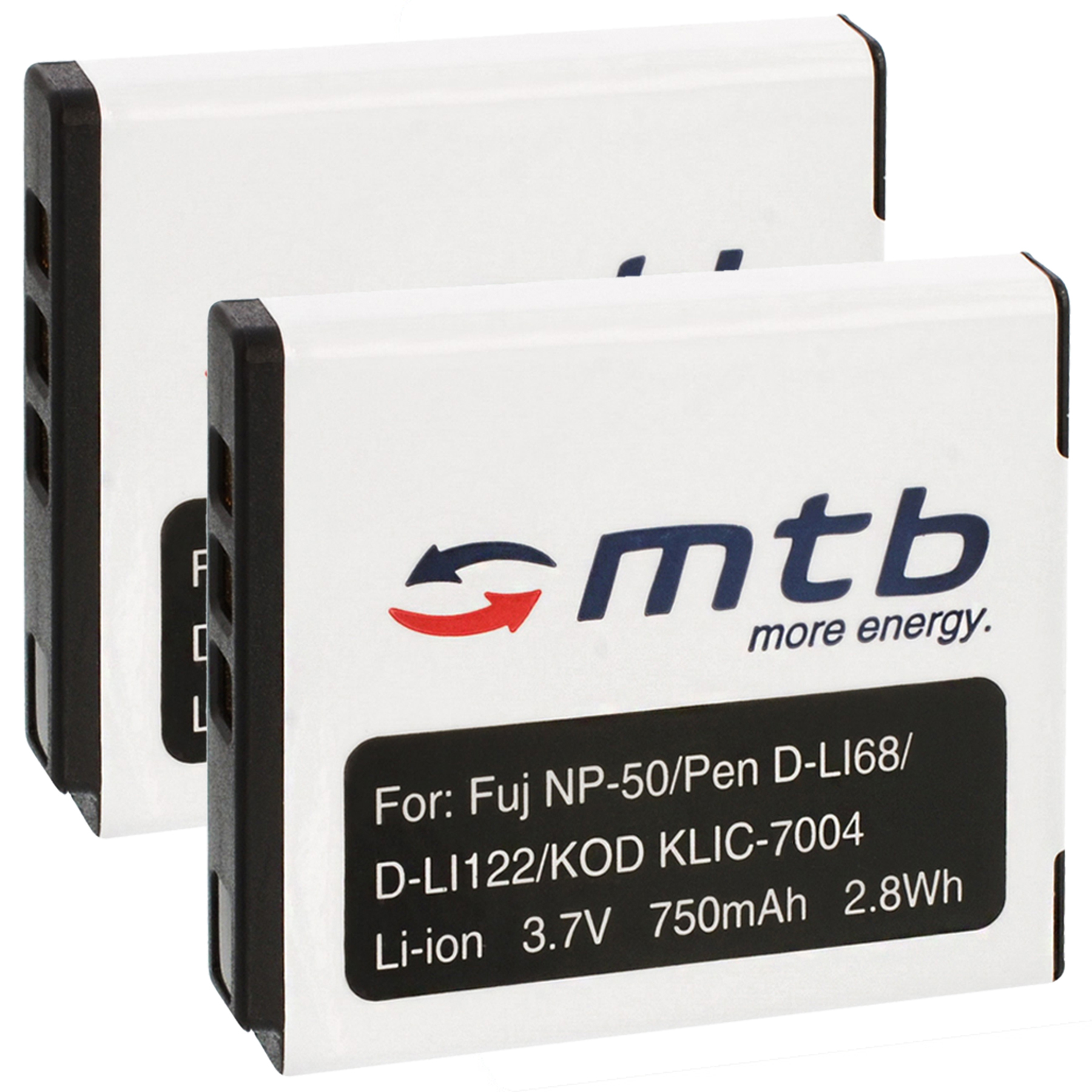 Zwei weiße Batterien mit schwarzen Rändern, MTB-Logo und Sicherheitshinweisen.