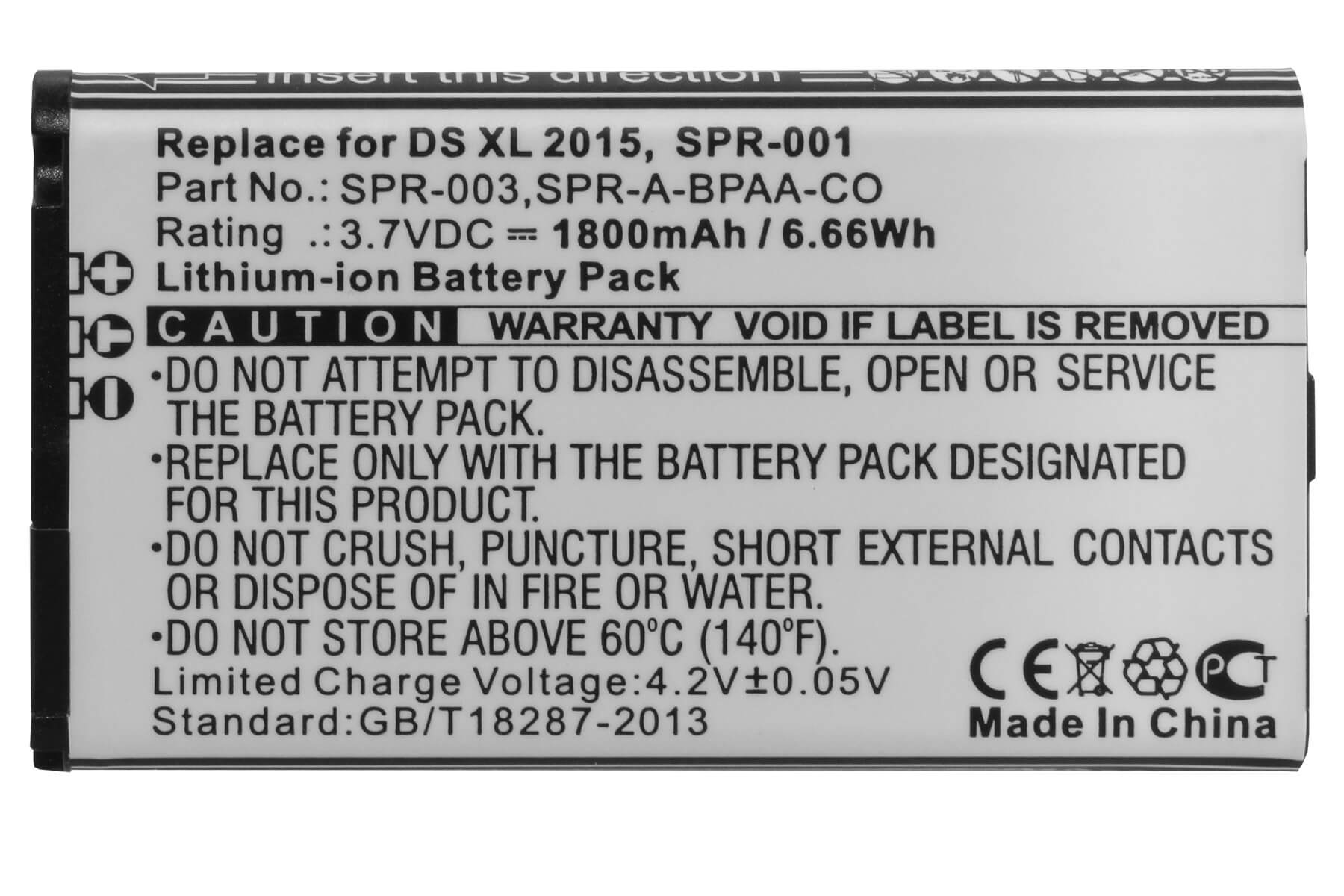 Batteriepack-Etikett mit Warnhinweisen und Spezifikationen in schwarzer Schrift.
