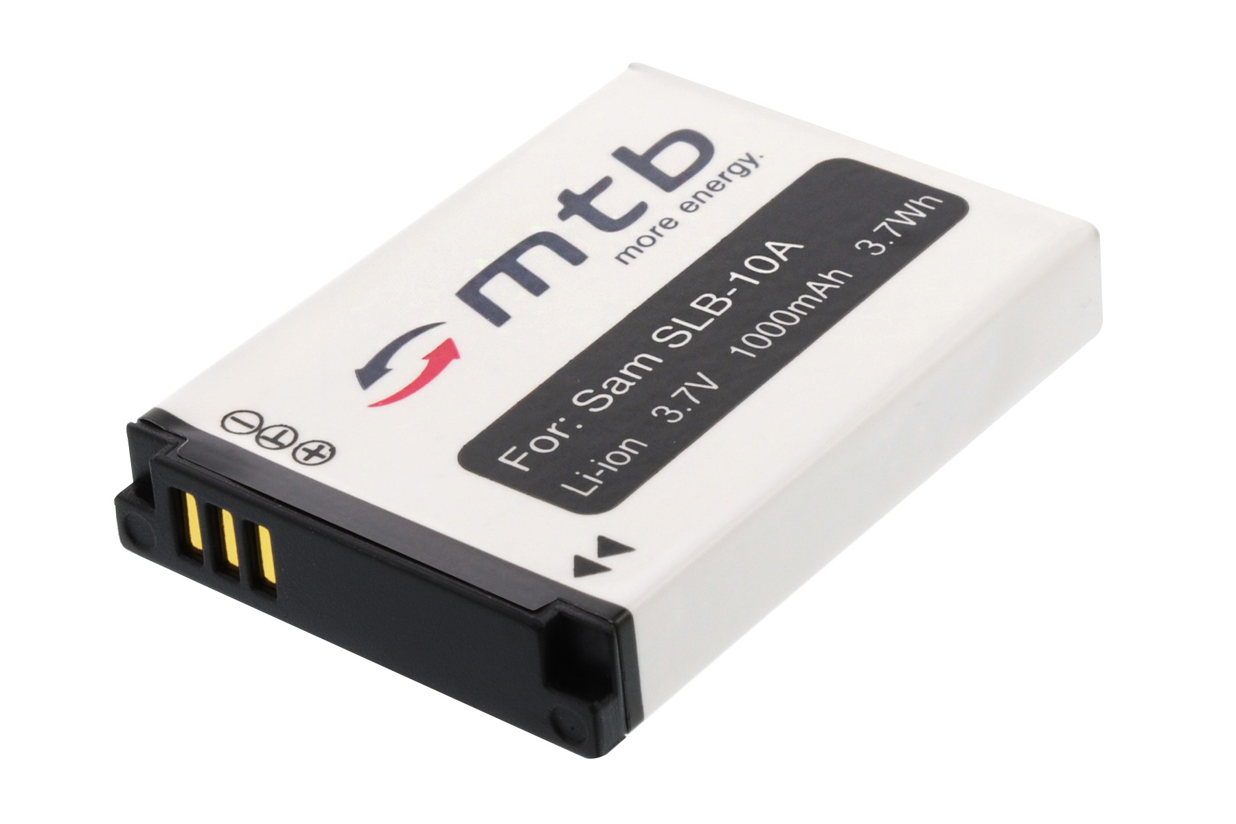 Eine weiße Batterie mit schwarzem Text, einem roten Pfeil und drei Plus/Minus-Symbolen auf weißer Oberfläche.