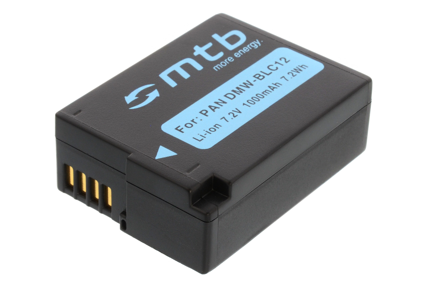 Schwarzer Akku mit blauem Etikett, Text: 'mtb', 'PAN DMW-BLC12', 'Li-ion 7.2V 1000mAh 7.2Wh'.