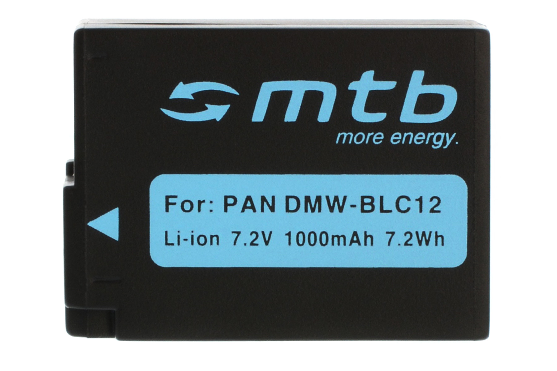Eine schwarze Batterie mit blauem und weißem Text. Der Text enthält 'Für: PAN DMW-BLC12' und 'Li-ion 7.2V 1000mAh'.