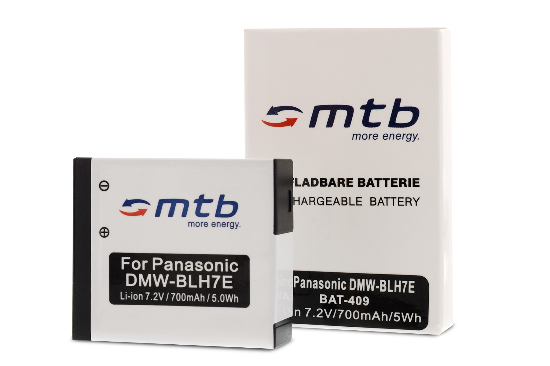 Zwei weiße Akkus, einer mit dem Logo und Text 'mtb more energy', der andere mit einer Box.