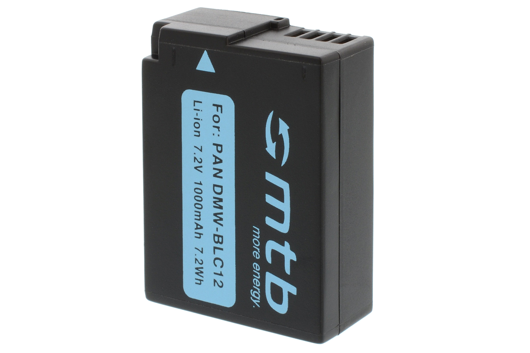 Schwarzer rechteckiger Akku für Panasonic. Text auf der Batterie. Weißer Hintergrund.