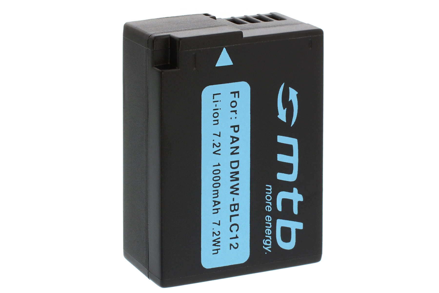 Schwarzer Akku. Text: Für PAN DMW-BLC12, Li-Ion 7,2V 1000mAh 7,2Wh und ein Logo.