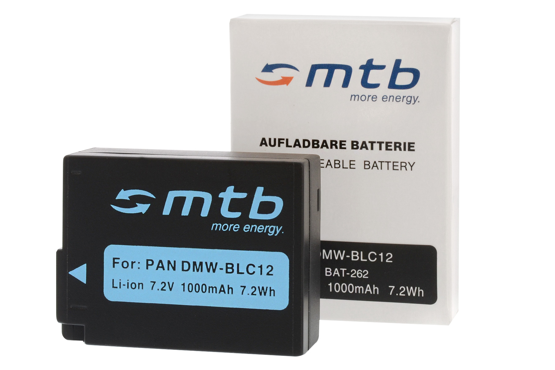 Schwarzer Akku mit weißer Box. Text: mtb more energy, Für: PAN DMW-BLC12, Li-ion 7,2V 1000mAh.