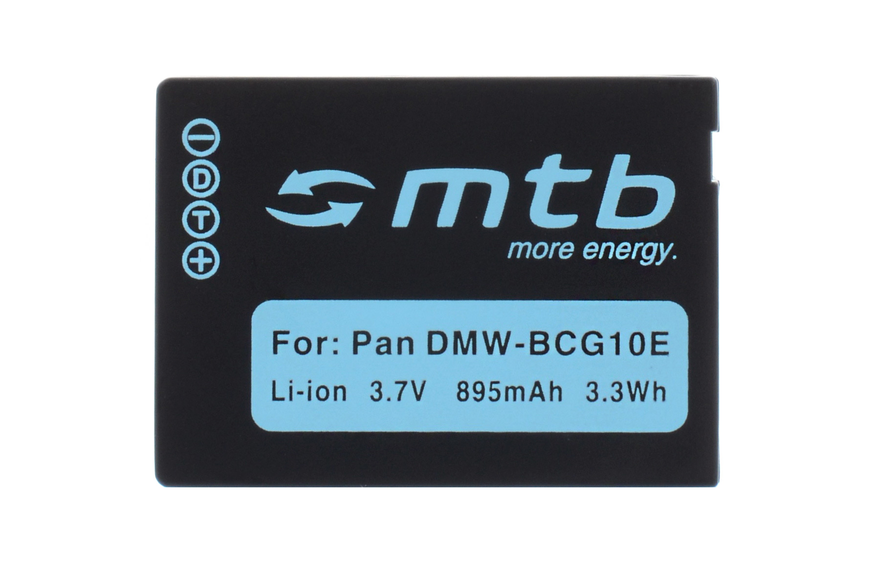 Eine schwarze Kamera-Batterie mit der Aufschrift 'mtb more energy'.