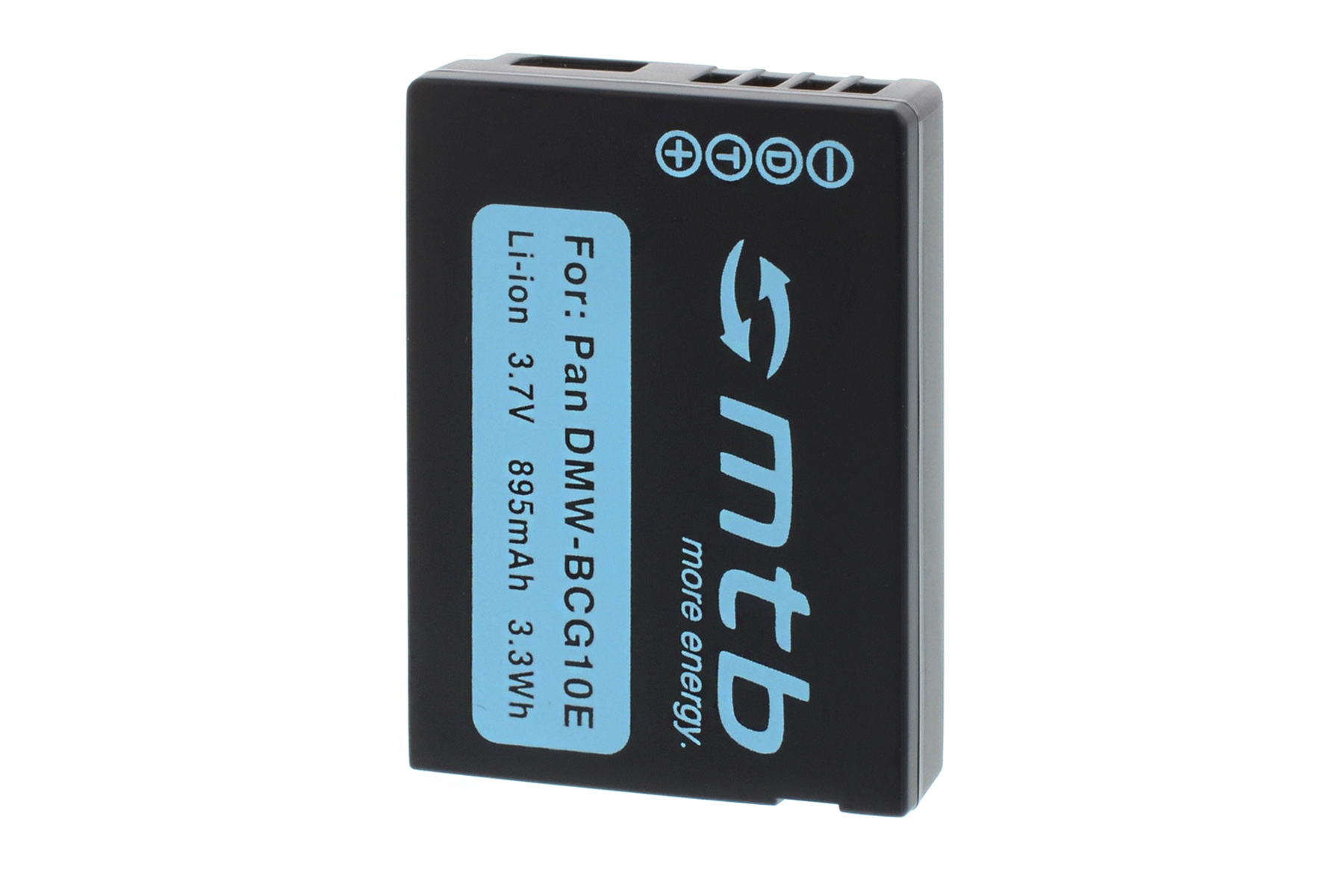 Schwarze Batterie mit Text: For Pan DMW-BCG10E Li-ion 3.7V 895mAh 3.3Wh. MTB-Logo.
