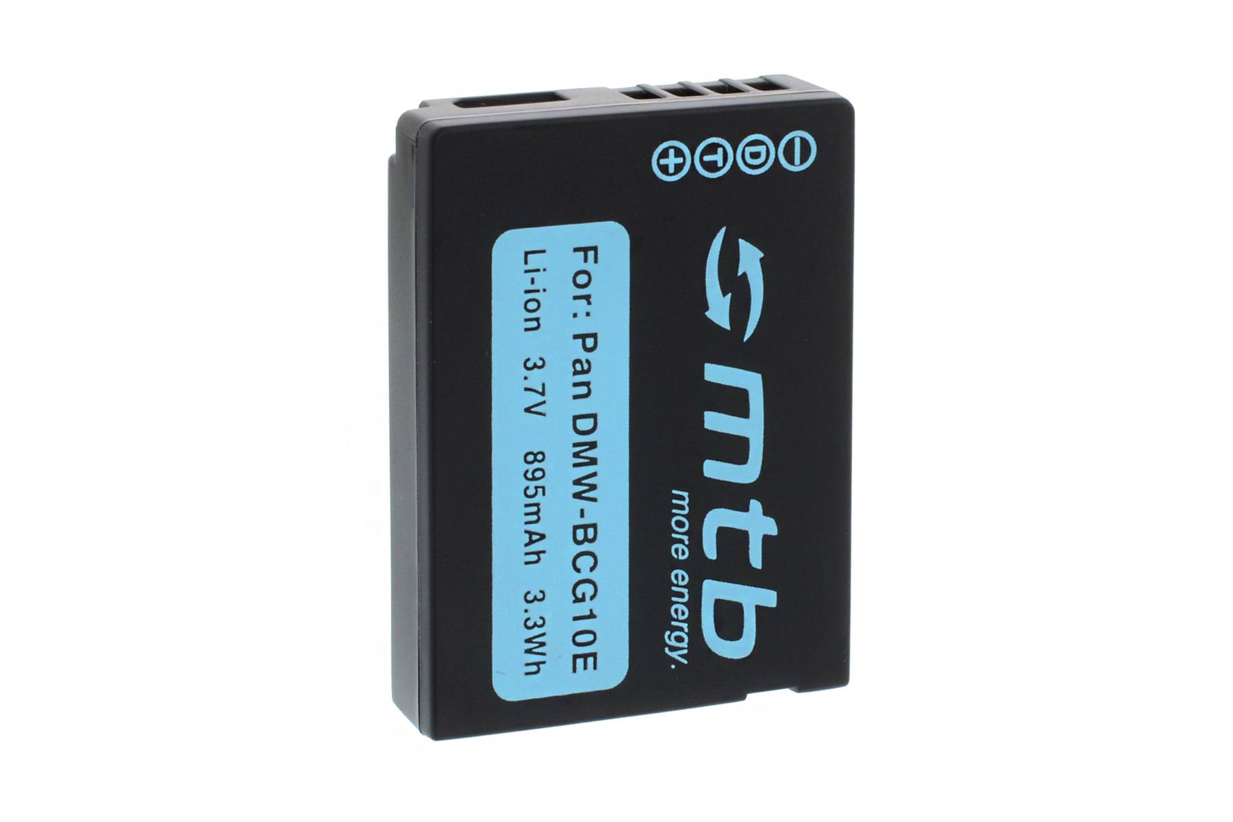 Schwarze Batterie mit blauem Etikett: Für Pan DMW-BCG10E, Li-Ion 3,7 V. Weißer Hintergrund.