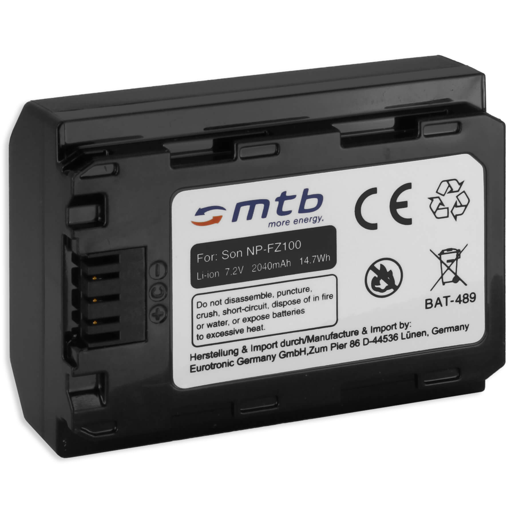 Schwarzer Akku mit der Aufschrift 'mtb more energy'. Sicherheitshinweise und weitere Informationen.