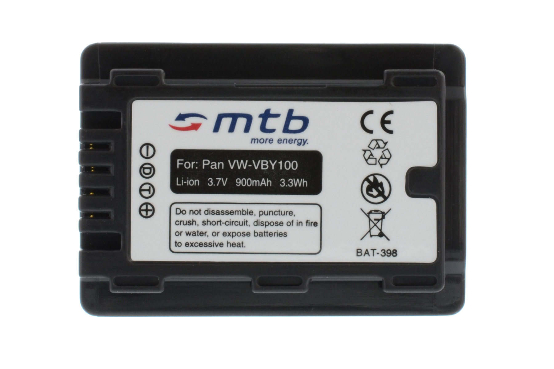 Schwarze Batterie mit Text: For Pan VW-VBY100 Li-ion 3.7V 900mAh 3.3Wh. MTB-Logo.
