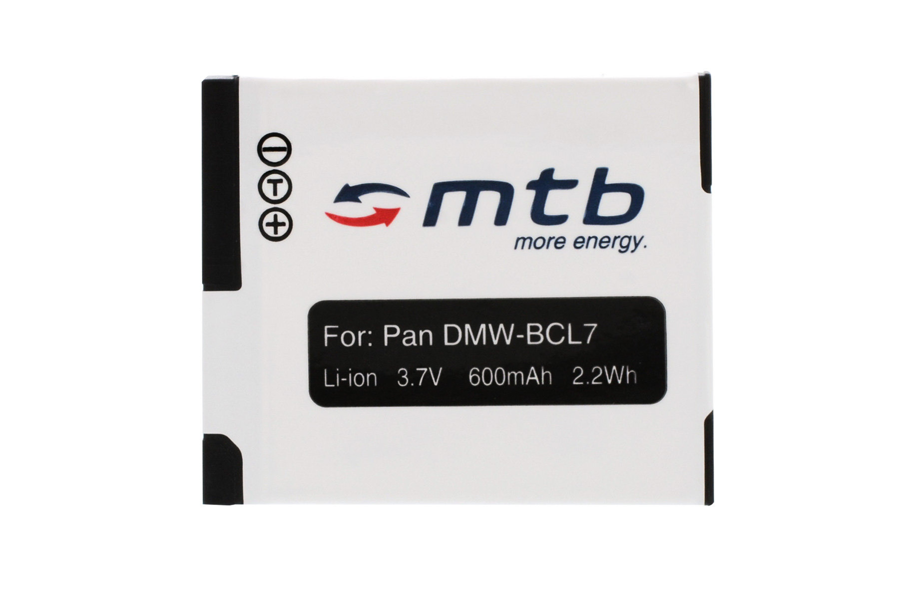 Ein weißes Akkupack mit schwarzem Text. Es lautet "For: Pan DMW-BCL7" und enthält technische Spezifikationen.